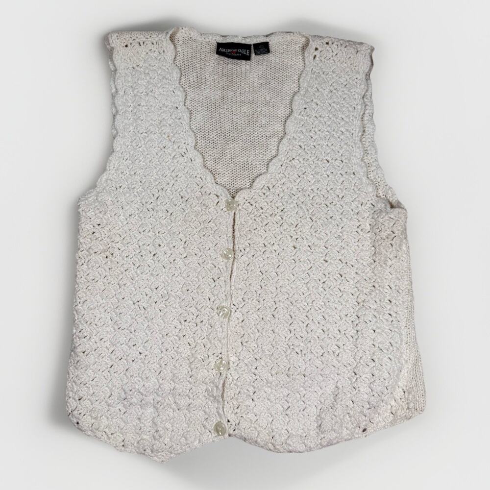 VTG American Eagle Outfitters Crochet Button Festival Vest Beige Women's Size L